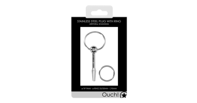 Ouch! Penis plug dilator przepływowy z ringiem 9,5 x 0,9 cm