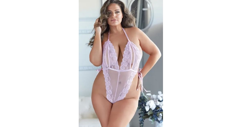 Chloe wiązane koronkowe body open bust Plus Size różowe